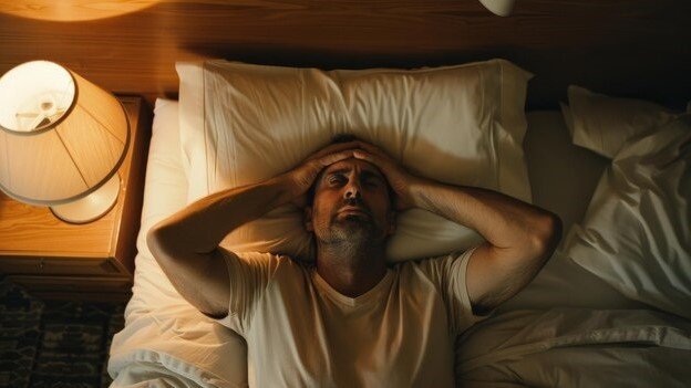 Tired middle-aged man lying awake in bed at night showing frustration and exhaustion from frequent urination at night and interrupted sleep